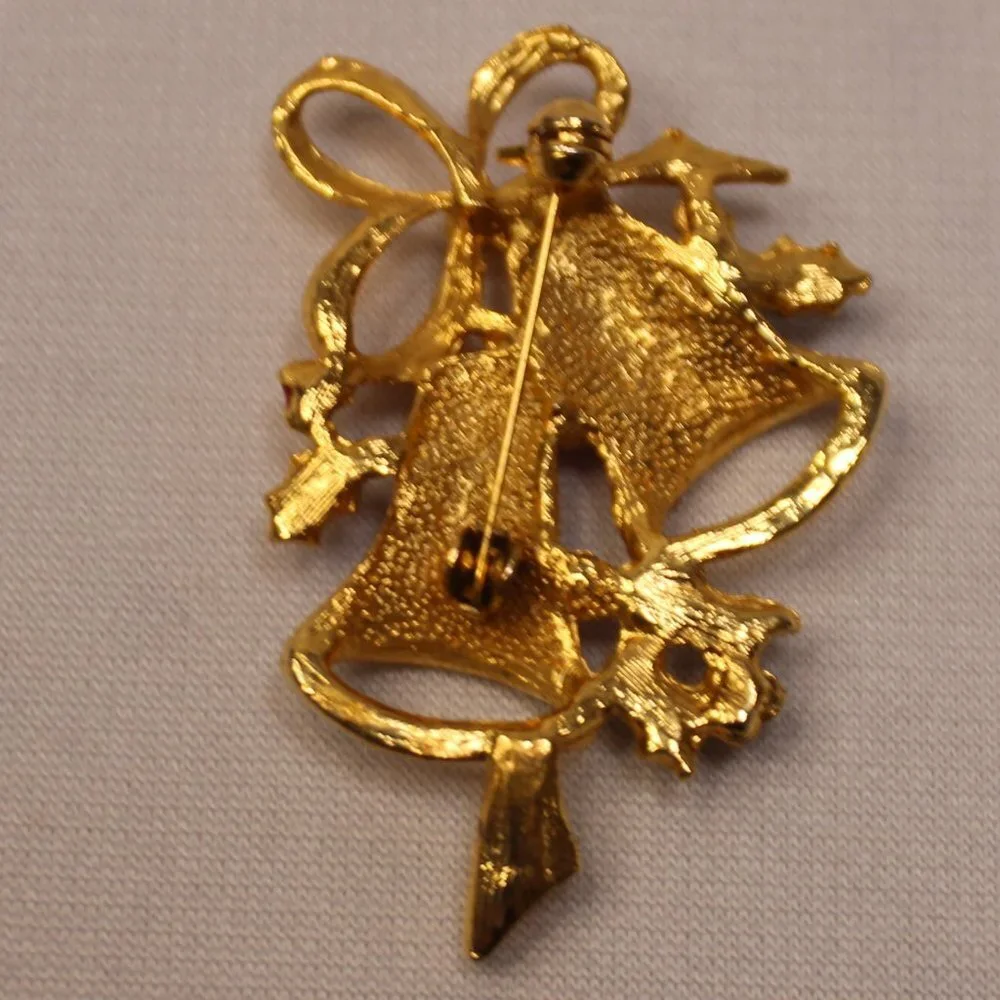 Vintage Christmas Bells Brooch with Holley Rhinestone and Pearl